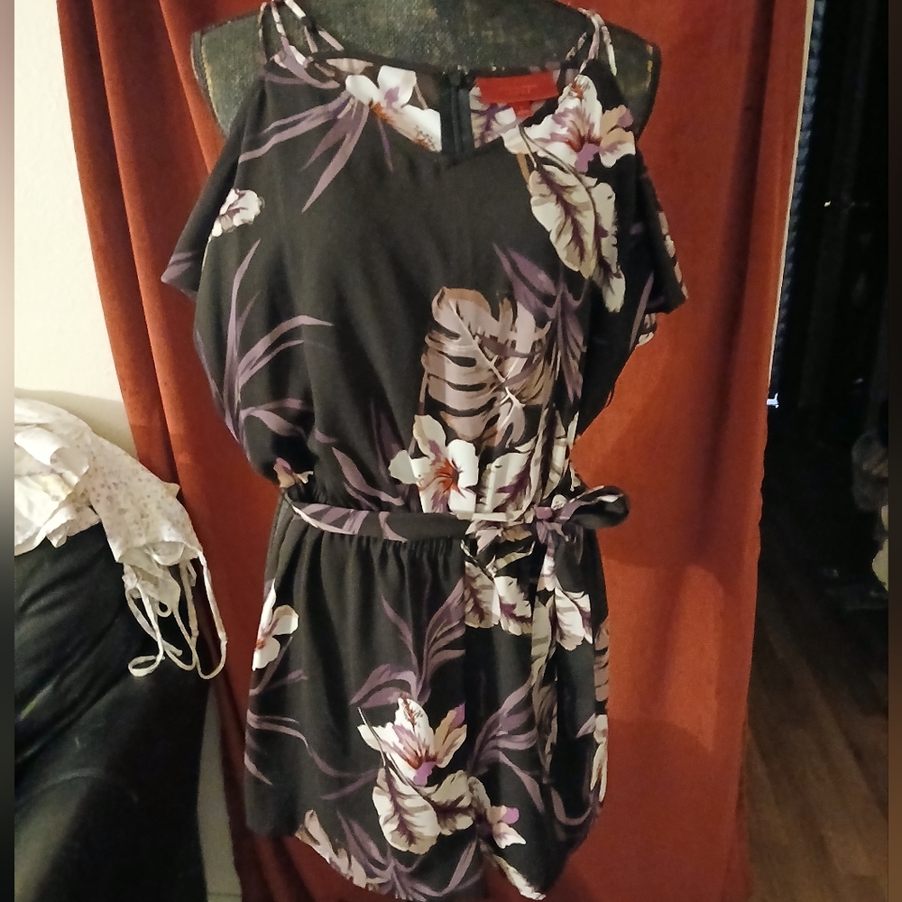 Jennifer Lopez Black and Purple Floral Romper. l